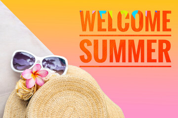 Welcome summer banner with sunglasses and jute hat, it's summer time, summer sale