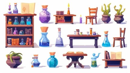 A cartoon set of furniture for an alchemist room. Including a wooden desk, chair, shelf with glass flasks and potion bottles, old books, ancient posters, a potted plant and candle. - obrazy, fototapety, plakaty