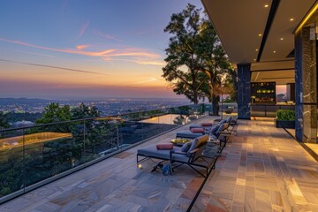 A wide shot of a luxury terrace on a hilltop with lounge chairs and an outdoor bar, offering a view...