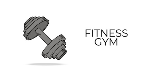 Fitness gym logo with heavy dumbbell with round cylindrical handle. Sport tool, fitness equipment isolated on white background. Poster with dumbbell. Motivational banner for sport and powerlifting