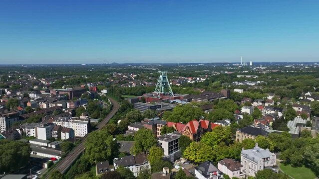 Aerial drone view of the German Mining Museum, also known as Deutsches Bergbau-Museum Bochum. This major museum showcases the history and technology of mining, featuring mineral specimens .