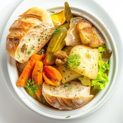 A white bowl is filled with delectable meat and vegetables in the French Pot au Feu style