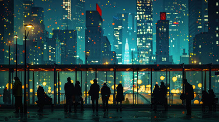 Obraz premium Generate a scene of commuters standing in line at a bus stop beneath the twinkling lights of the city skyline, their silhouettes illuminated by the glow of skyscrapers and street lamps,