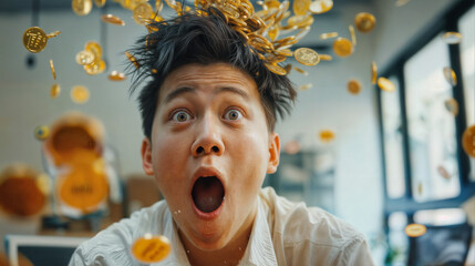 A young asian man is happily sitting in a room surrounded by gold coins raining down around him. It suggests good luck in business or winning the lottery.