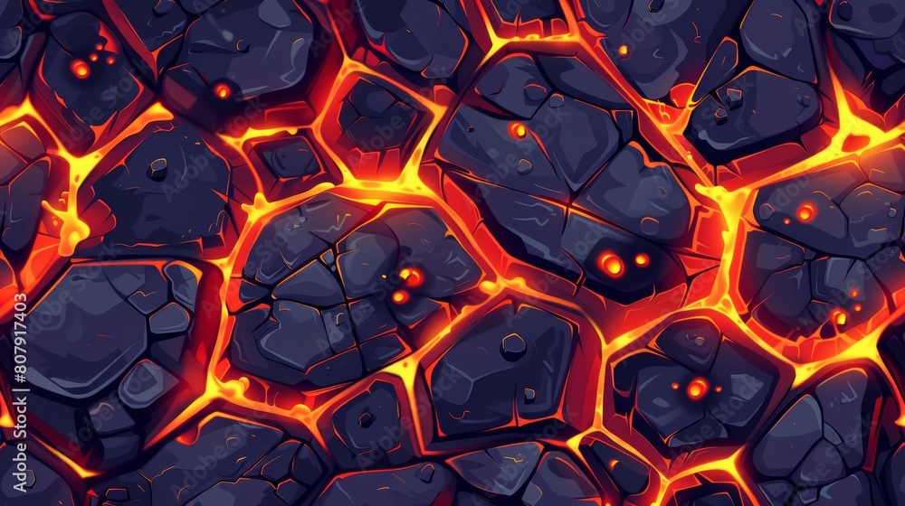 Poster symbolic patterns of colored lava with hexagonal stones. cartoon illustration of glowing magma and b