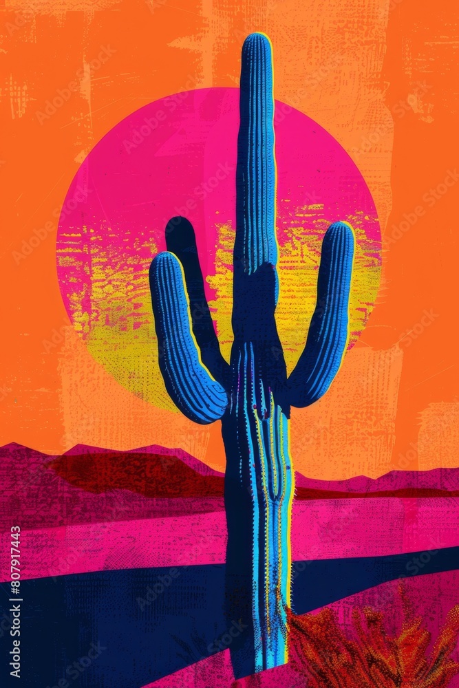 Wall mural a lone cactus silhouetted against a pop art desert sunset, bold colors, graphic shapes