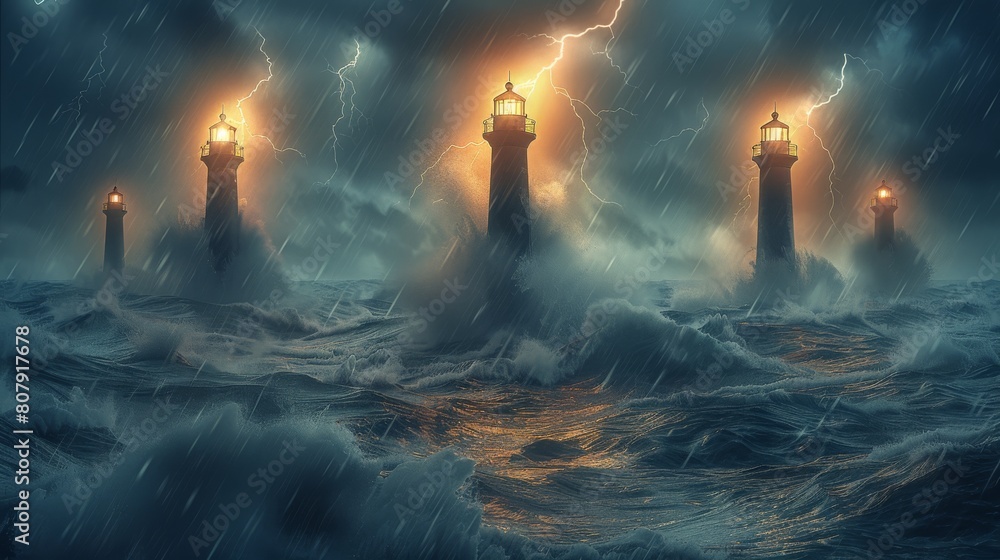 Poster six lighthouses stand amid the rough waves, symbolizing strength and guidance in the face of rough s