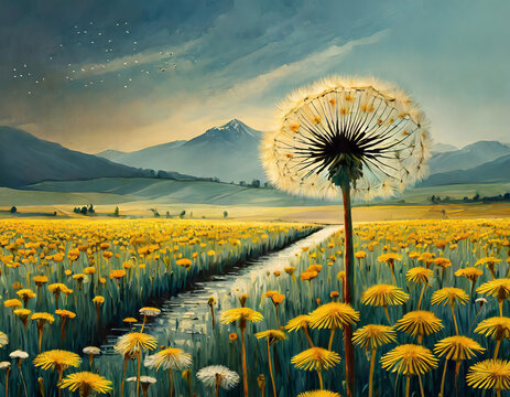 Dandelion field and mountains in the background. Digital painting.