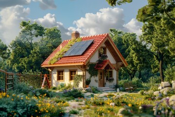 Fototapeta premium A detached, realistic miniature house in a natural theme among the warming atmosphere from the sun, the environment, and the colorful flowers.