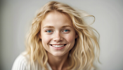 portrait of a happy and attractive girl with freckles and natural blond hair, isolated white background