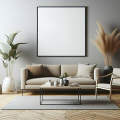 Minimalist modern living room interior design with empty mockup canvas frame