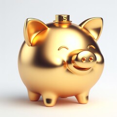 a 3d gold pig with happy face, white background