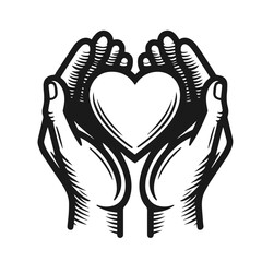 Heart on hands vector silhouette isolated on white background