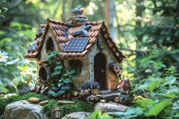 A detached, realistic miniature house in a natural theme among the warming atmosphere from the sun, the environment, and the colorful flowers.