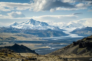 A panoramic view of snow-capped volcanic peaks, glaciers carving their way through the landscape