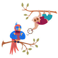 Animal music vector illustration. Happy creatures perform in cheerful music party, lively music band as they perform magical animal music metaphor. Parrot plays the harp, lemur plays the tambourines