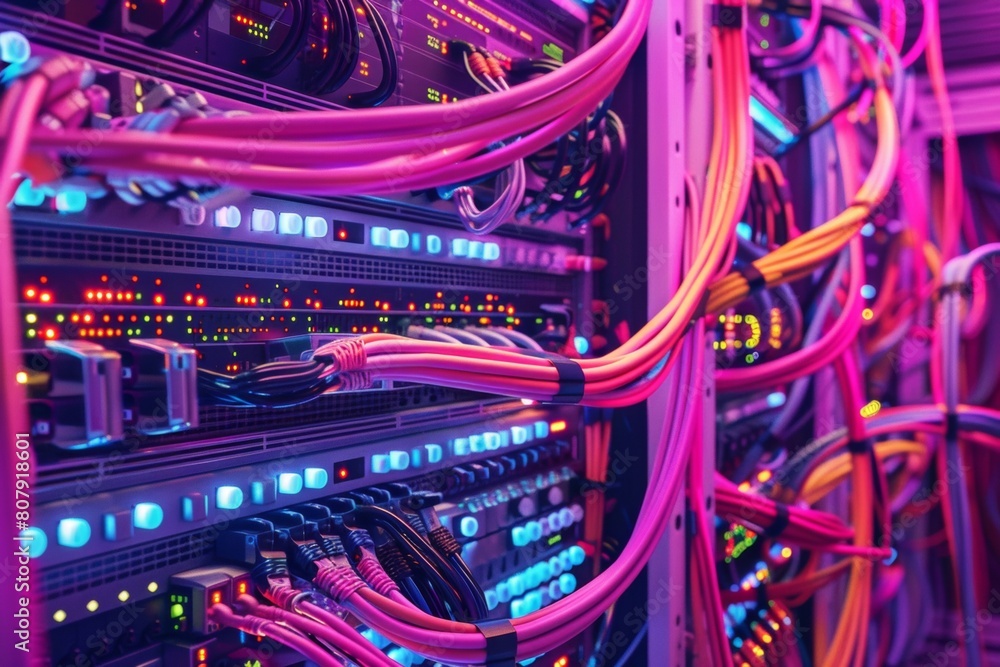 Poster a pixelated tangle of brightly colored network cables behind a server rack, creating a chaotic yet n