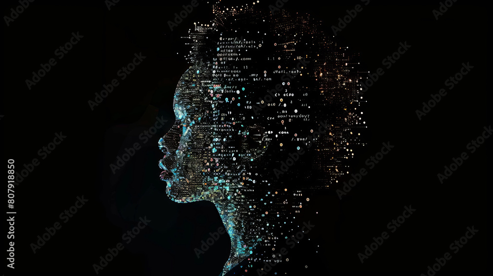 Poster digital human silhouette composed of glowing algorithms