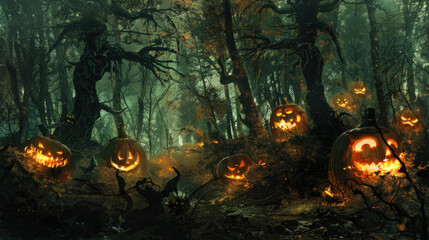 a spine-chilling depiction of an eerie glade nestled within a haunted forest, where sinister pumpkins with twisted grins illuminate the darkness, their eerie glow revealing the malevolent energy 