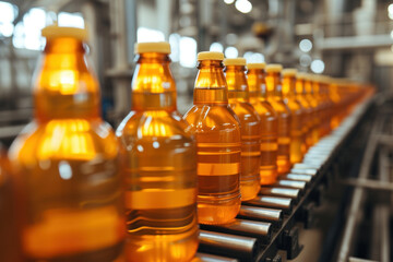 Beer bottles being processed on a conveyor belt in a industrial factory setting