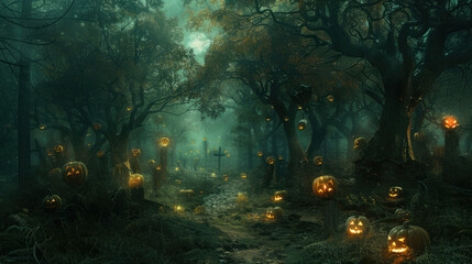 a spine-chilling depiction of an eerie glade nestled within a haunted forest, where sinister pumpkins with twisted grins illuminate the darkness, their eerie glow revealing the malevolent energy 