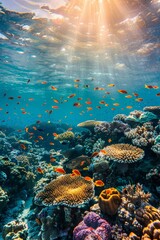 A vibrant coral reef teeming with colorful fish, sunlight dappling through the crystal-clear water