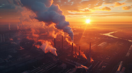 an aerial drone view of a sprawling industrial complex, with smokestacks billowing steam against the backdrop of a vibrant sunset, showcasing the scale and activity of the manufacturing facility.