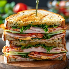 Closeup view of a triple decker club sandwich with turkey and ham. Concept Food Photography, Sandwich Composition, Lunch Aesthetics, Layered Ingredients, Culinary Beauty - obrazy, fototapety, plakaty