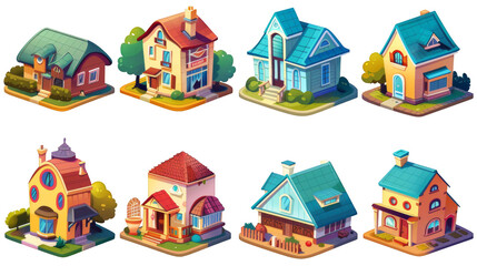 set of Building structure icons, cartoon style, cute icons, transparent background, png format.