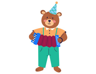 Animal music vector illustration. Happy beasts come together in joyful music party within enchanted zoo celebrate with cheerful music band, turning zoo into lively event. Bear plays the accordion