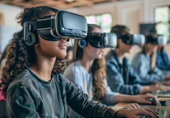  A group of students wearing VR headsets, with one student using the technology to interact and engage in an educational experience while others watch from their laptops or smartph - Powered by Adobe