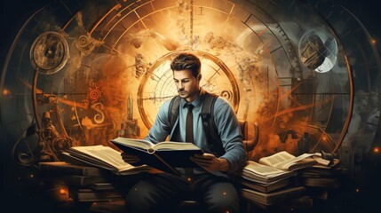 A conceptual illustration of a modernday archer with a compass and old philosophical books in the foreground blending traditional and contemporary symbols of Sagittarius traits