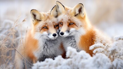 A fox gently nuzzling its mate in a snowy landscape their warm fur tones standing out against the crisp white snow capturing a moment of affection and charm