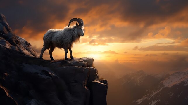 A dramatic scene of a lone goat standing on the edge of a cliff against a dramatic sunset capturing the essence of perseverance and the drive to reach the top