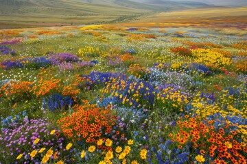 Fototapeta premium Aerial view of a vast field carpeted with colorful wildflowers, resembling a vibrant patchwork quilt