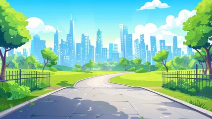 Landscape background with city park and skyline. Modern illustration with city skyline and road. Contemporary architecture perspective view, fence.