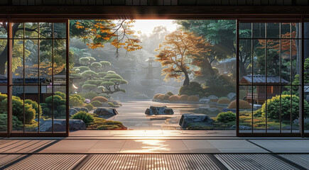 Wooden room with big window that overlooking a formal Japanese garden, minimalist. Generative AI.