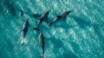 Obraz premium Aerial view of dolphins leaping playfully in crystal-clear water