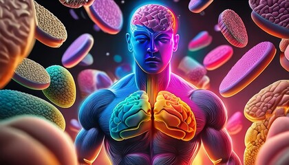 Vibrant neon human anatomy with glowing brain, connected by radiant lines amid abstract cells.