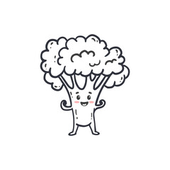  Cartoon Broccoli. Cute character vegetable isolated on white background. Doodle style.