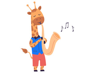 Animal music vector illustration. The zoo transforms into entertainment hub with cheerful music band Celebrate with creatures as they perform magical animal music concept. Giraffe plays the saxophone