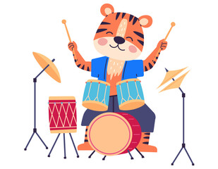 Animal music vector illustration. Happy creatures form music band, performing lively orchestra at zoo Join celebration as cheerful beasts come together for festive music party. Tiger plays drums