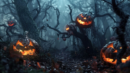 a clearing in a haunted forest, where sinister pumpkins with malevolent grins cast eerie light on the twisted branches of dead trees, evoking a sense of foreboding and supernatural presence.