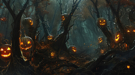a clearing in a haunted forest, where sinister pumpkins with malevolent grins cast eerie light on the twisted branches of dead trees, evoking a sense of foreboding and supernatural presence.