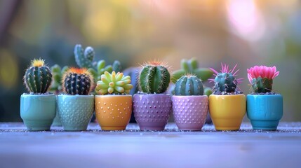 mini cactus plants in cute pots sit on a table surrounded by a variety of colorful flowers in blue, yellow, pink, and purple vases