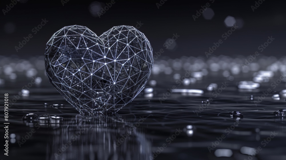 Poster graphic design of a 3d wireframe heart shape. abstract geometric mesh polygon sphere graphic object.