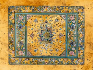 persian flower golden plain background with frame with cyan and blue grey color