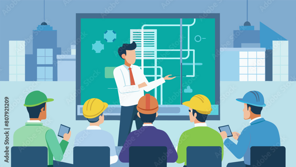 Poster with bim software projected onto a large screen an engineer leads a team meeting to discuss the intr