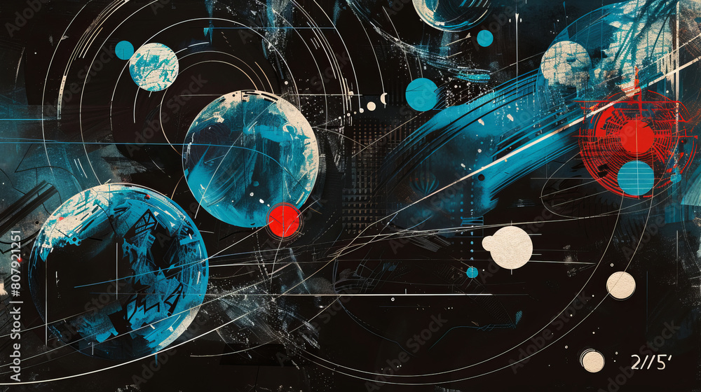 Poster abstract cosmic art with dynamic lines and bold circles