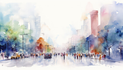 A painting of a busy city street with people walking